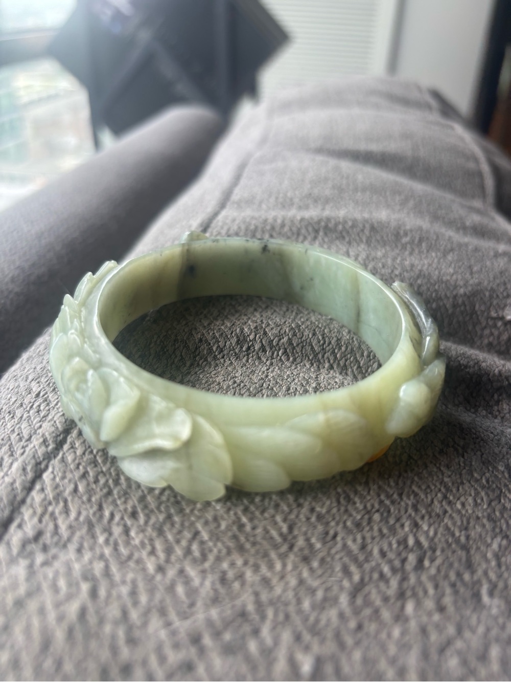 Grade A Hand-Carved Green Jade Floral Bangle Bracelet
